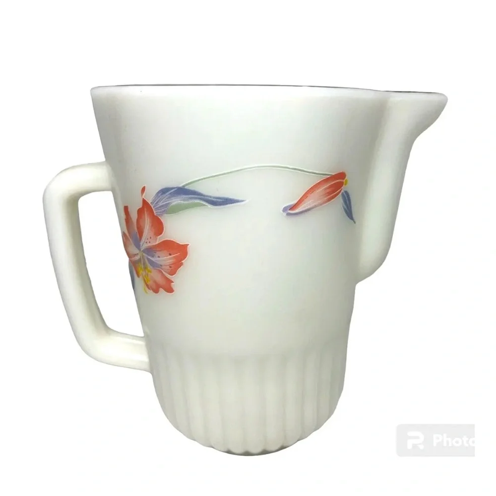 Neolex By Crystal Gold Rim Pitcher Oven Proof Opaque Milk Glass Floral Lily Vtg